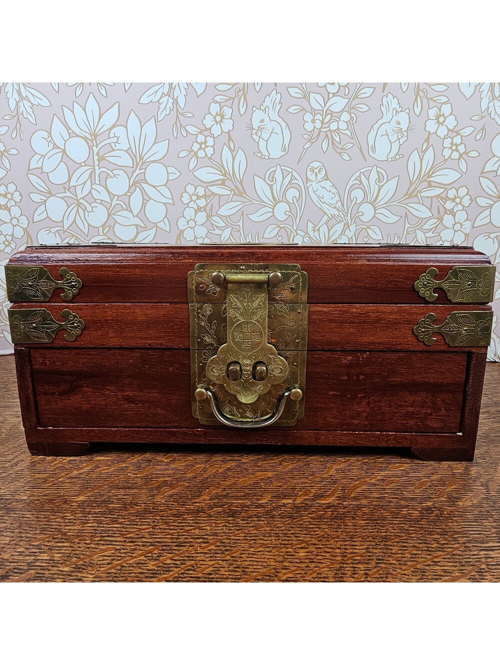Vintage Chinese Wood Jewelry Box Brass Shou Longevity Symbol Green Lined 12"